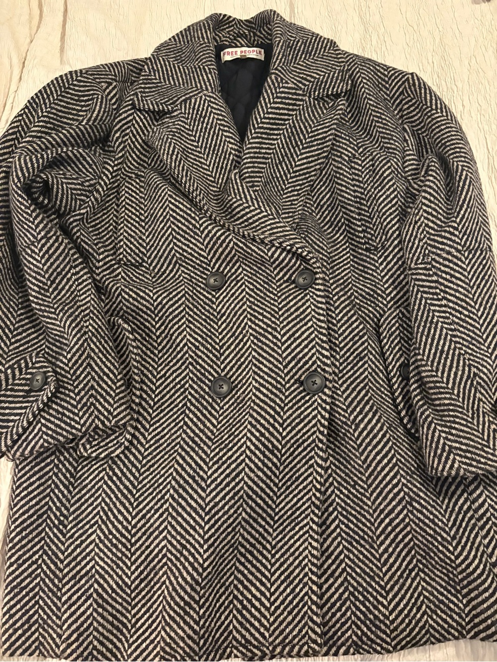 Free People Ari Herringbone Wool Blend Peacoat Jacket Medium Black Cream EUC